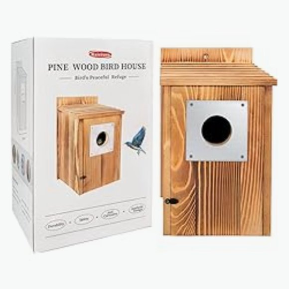 Pine Wood Birdhouse w/ Metal Predator Guard & Cleaning Door - Picture 1 of 10